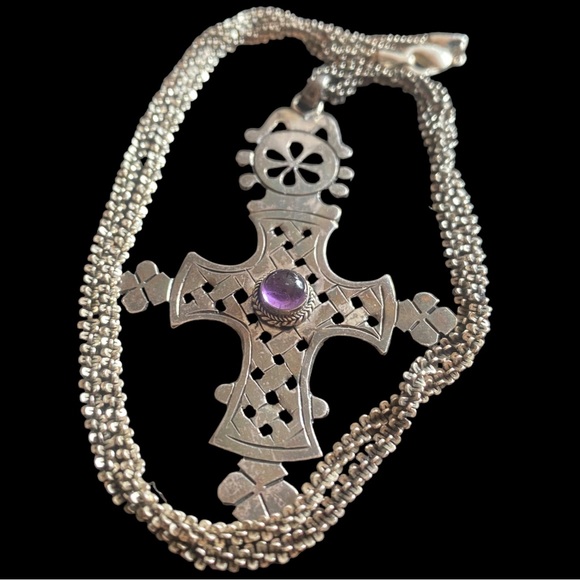 Vintage Sterling Silver Handmade Ethiopian Coptic Cross w/ 925 Popcorn Chain - Picture 4 of 11